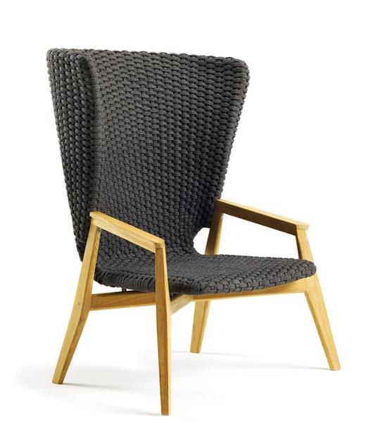 ETHIMO KNIT Fauteuil Lounge &#224; Haut Dossier - Teck et cordage col.LAVA GREY